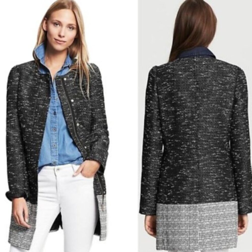 Banana Republic Womens Small Black White Colorblock Cotton Tweed Jacket Coat